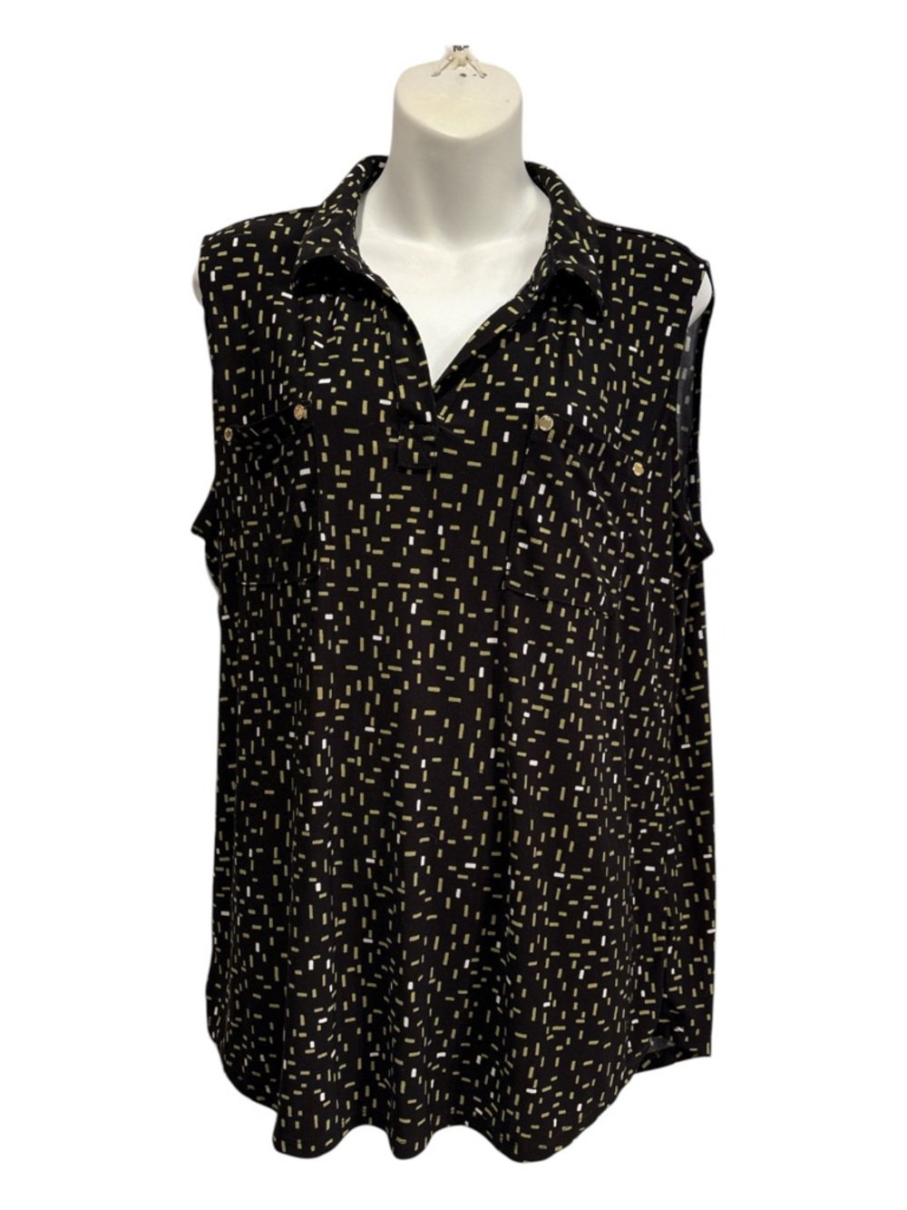 Jones New York Black Sleeveless Collared Top w/ green Dash Print size XL